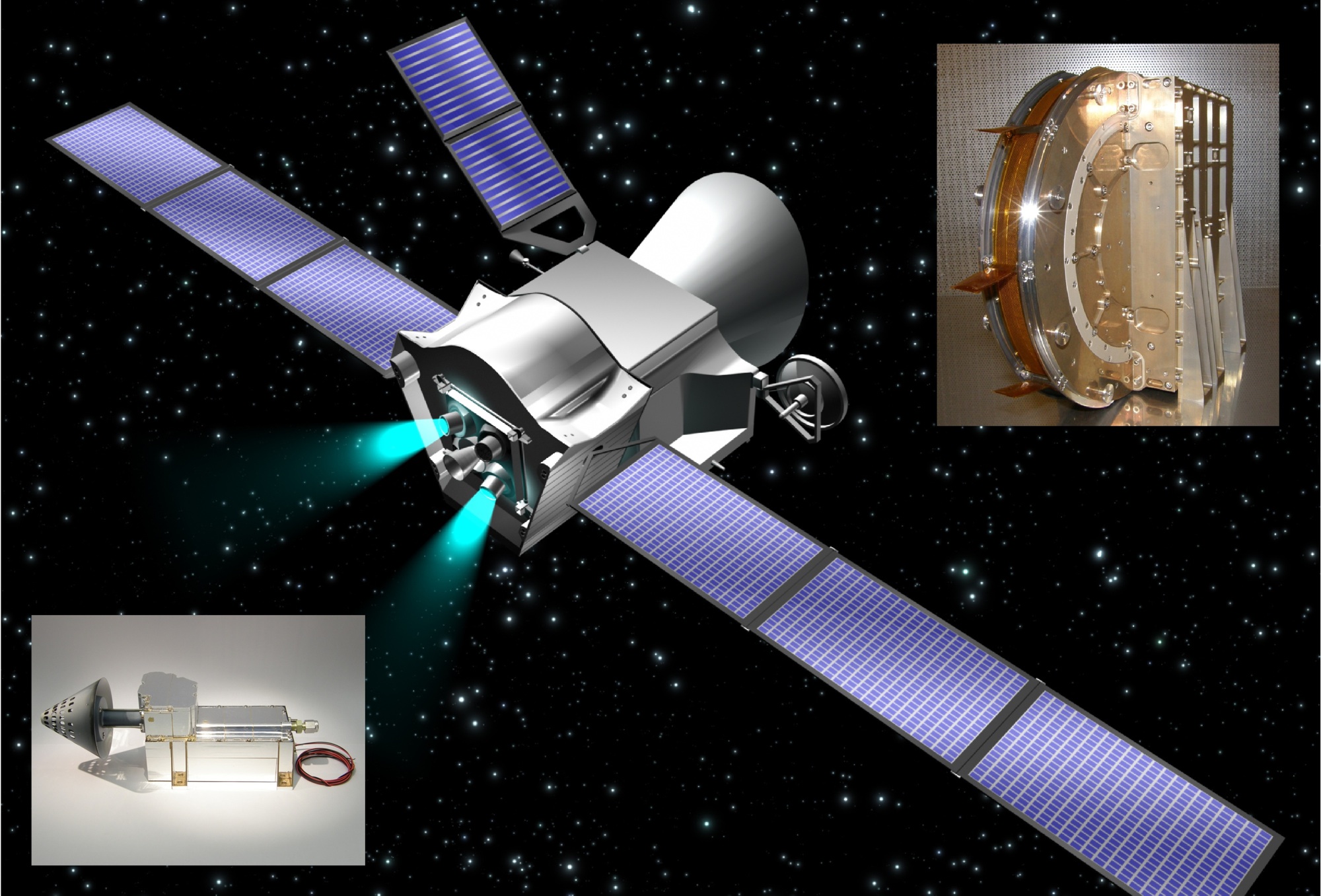 Artist's impression of BepiColombo (ESA and C. Carreau) with MIPA (left) and ENA (right, photos: IRF)
