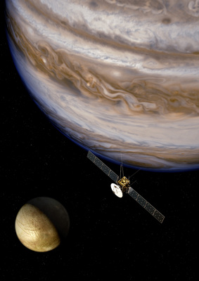 Rymdmissionen JUICE åker till Jupiter och några av dess månar 2022-2030. Teckning: ESA/AOES